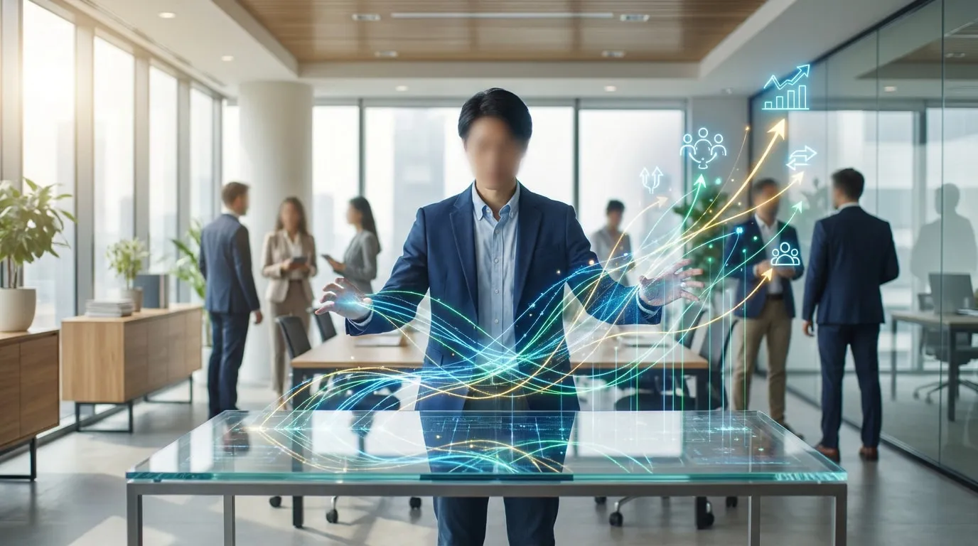Un homme d'affaires interagit avec une interface holographique affichant des données de croissance et d'engagement client.