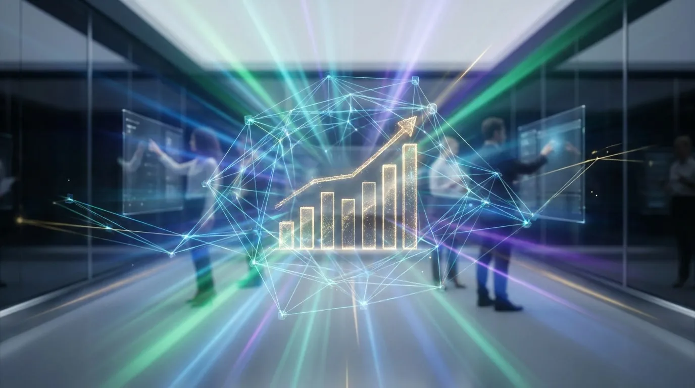 Graphique de croissance 3D entouré d'un réseau numérique dans un bureau moderne avec des professionnels en arrière-plan.