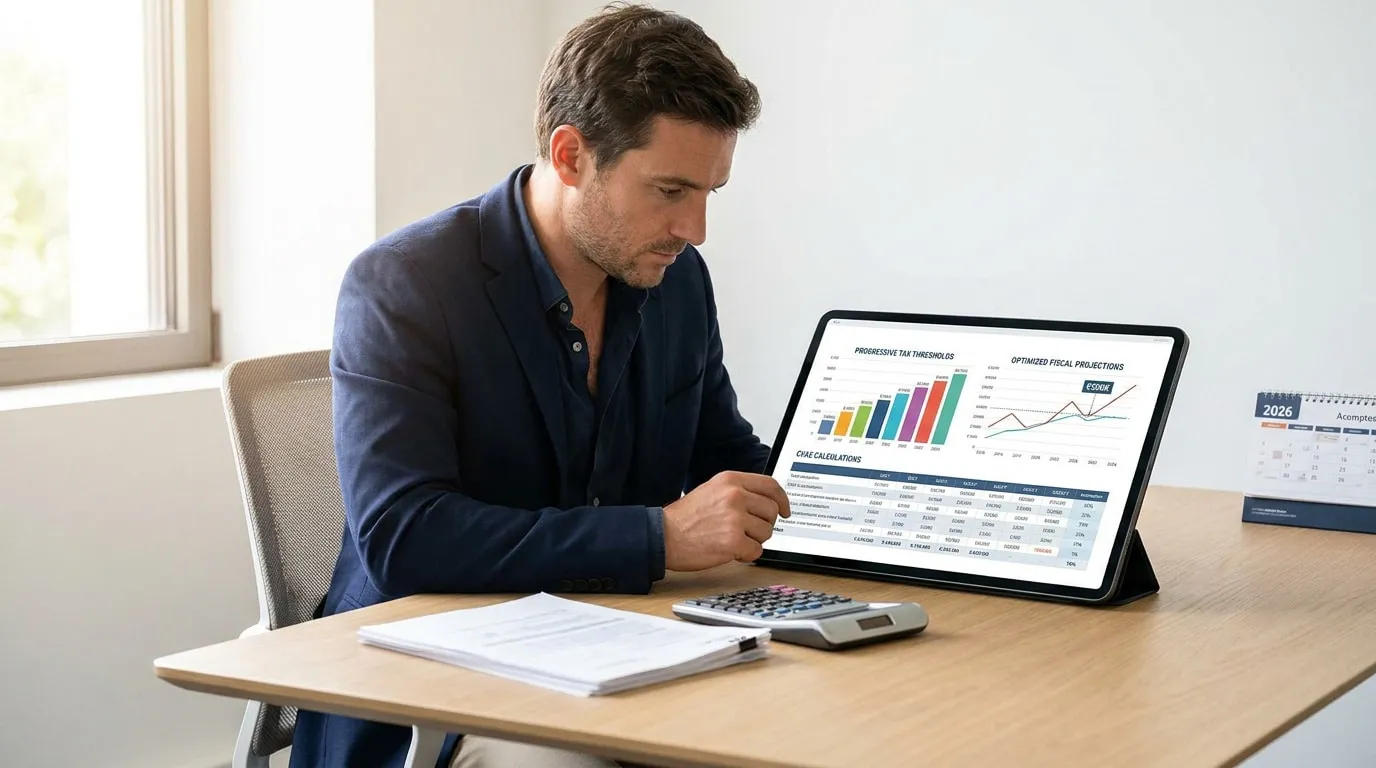 Homme en costume analysant des graphiques financiers et un tableau de calcul de la CVAE sur une tablette.