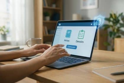 Mains tapant sur un ordinateur portable affichant un portail éducatif avec des icônes Notes, Devoirs et Connexion, et un bouclier de sécurité.