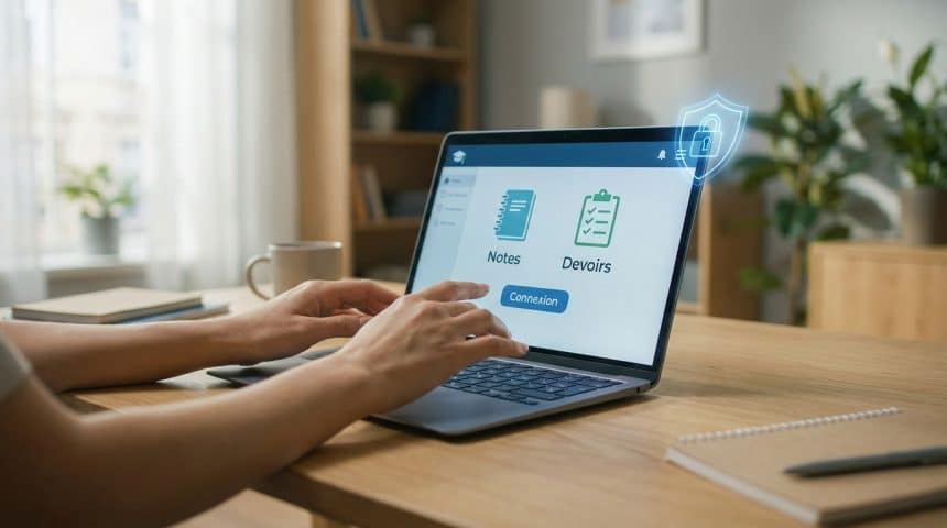Mains tapant sur un ordinateur portable affichant un portail éducatif avec des icônes Notes, Devoirs et Connexion, et un bouclier de sécurité.