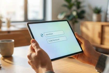 Mains tenant une tablette affichant un écran de connexion bancaire avec 'Identifiant' et 'Code Personnel'. Arrière-plan flou d'un bureau moderne.