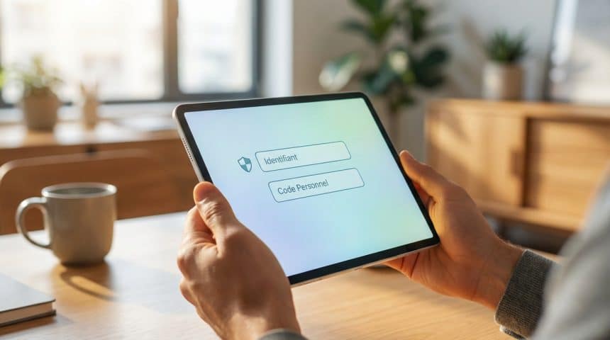 Mains tenant une tablette affichant un écran de connexion bancaire avec 'Identifiant' et 'Code Personnel'. Arrière-plan flou d'un bureau moderne.