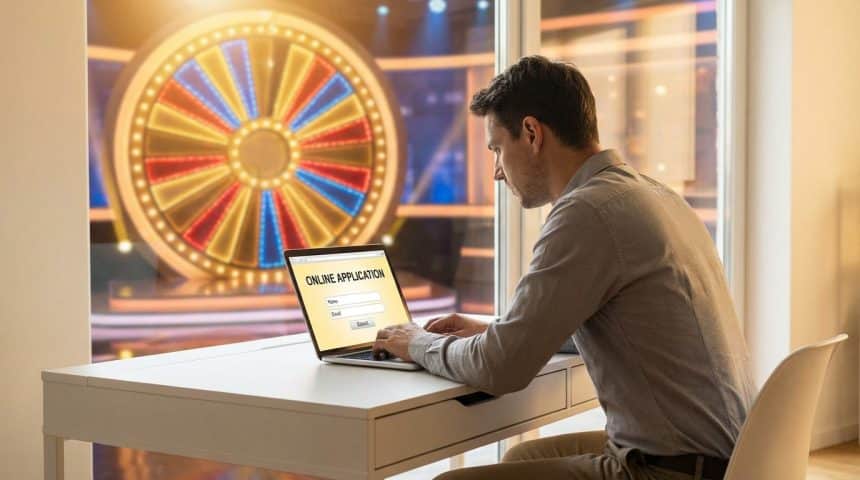 Individual at a modern desk completing an online form on a laptop, with a blurred but vibrant game show wheel behind, indicating potential.
