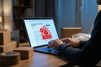 Hands on laptop keyboard, screen shows an at-home job offer with a red warning icon over initial fees, boxes on desk.