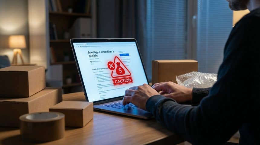 Hands on laptop keyboard, screen shows an at-home job offer with a red warning icon over initial fees, boxes on desk.