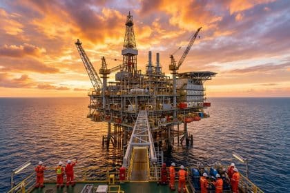 Vast offshore oil platform at sunset with golden sky, calm sea. Workers in safety gear on deck. Emphasizes industrial scale.