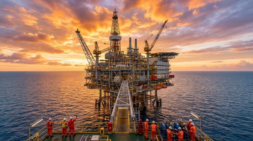 Vast offshore oil platform at sunset with golden sky, calm sea. Workers in safety gear on deck. Emphasizes industrial scale.