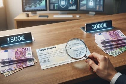A hand magnifies a French bank check on a desk with 1500€ and 3000€ in Euro notes and digital displays. Blurred bank background.