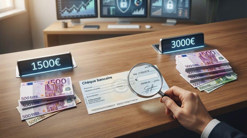A hand magnifies a French bank check on a desk with 1500€ and 3000€ in Euro notes and digital displays. Blurred bank background.
