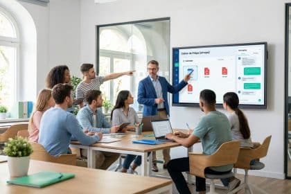Un groupe diversifié d'étudiants et un professeur interagissent avec un grand écran tactile affichant "Cahier de Prépa" dans une salle de classe lumineuse.