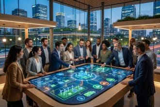 Diverse team collaborates on smart city concepts using an interactive digital table in a modern urban lab with city skyline views.