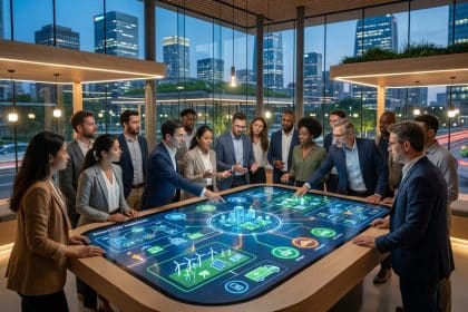 Diverse team collaborates on smart city concepts using an interactive digital table in a modern urban lab with city skyline views.
