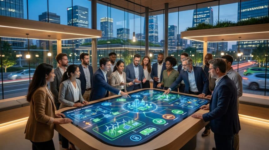 Diverse team collaborates on smart city concepts using an interactive digital table in a modern urban lab with city skyline views.