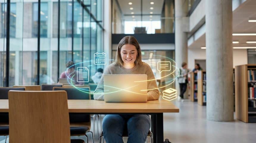 Young student focused on laptop in modern university library, surrounded by glowing digital icons (calendar, documents, chat, books) symbolizing connected learning.