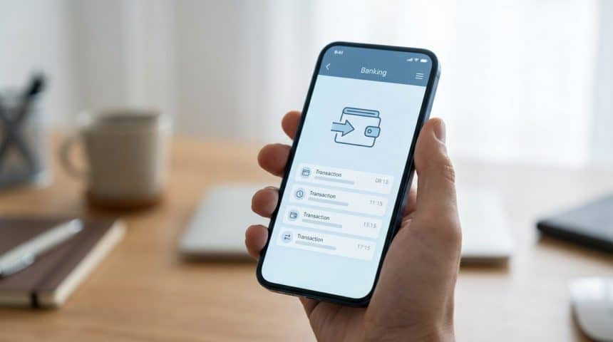 Anonymous hand holds a smartphone showing a minimalist banking app. Screen displays transaction times and an incoming transfer icon.