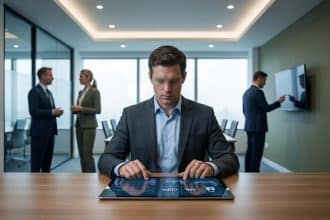 Man in suit intently analyzing regulatory compliance data (GDPR, AML) on a tablet in a modern office. Blurred colleagues discuss in background.