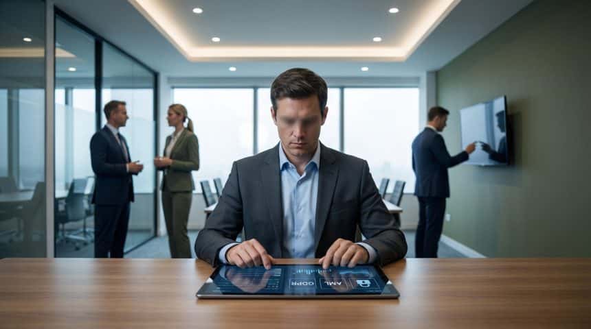 Man in suit intently analyzing regulatory compliance data (GDPR, AML) on a tablet in a modern office. Blurred colleagues discuss in background.