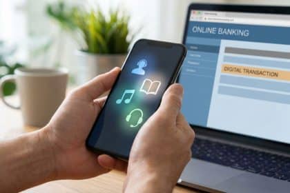 Hands hold smartphone with digital service icons (music, book, headset). Laptop screen shows online banking transaction.
