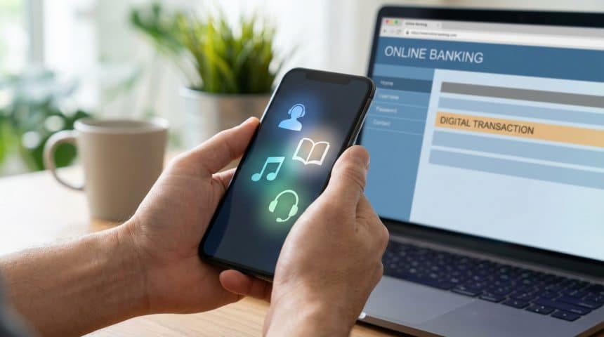 Hands hold smartphone with digital service icons (music, book, headset). Laptop screen shows online banking transaction.