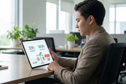 Gender-neutral professional in modern office reviews work hours (39h, 169h) and balance on a sleek tablet. Soft lighting.