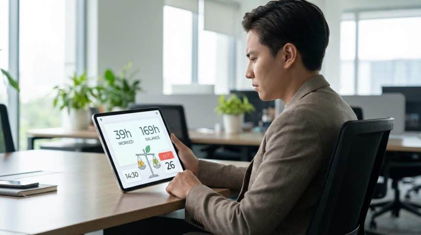 Gender-neutral professional in modern office reviews work hours (39h, 169h) and balance on a sleek tablet. Soft lighting.
