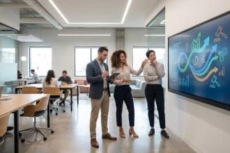 Three diverse professionals collaborate in a modern co-working space, discussing data on a large interactive digital screen.