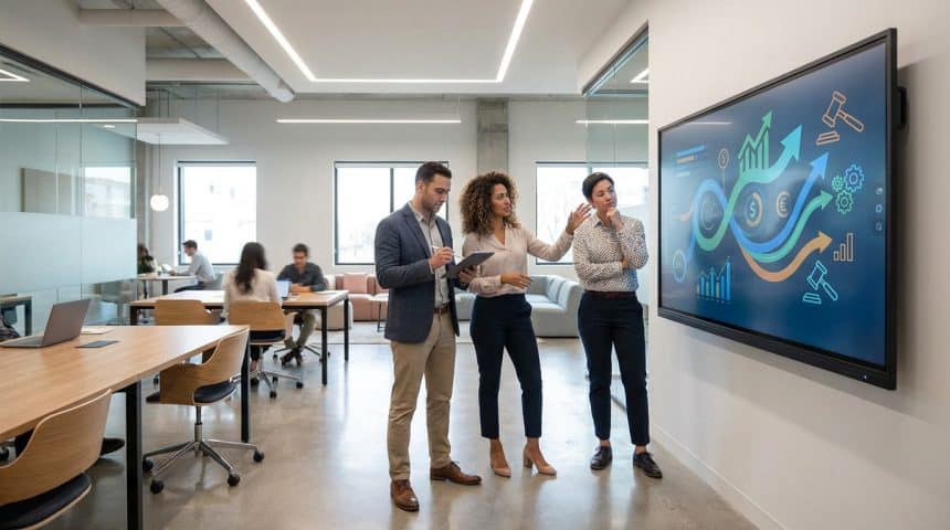 Three diverse professionals collaborate in a modern co-working space, discussing data on a large interactive digital screen.
