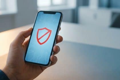 A hand holds a modern smartphone showing a red shield with a diagonal line, indicating a blocked call or enhanced digital security.