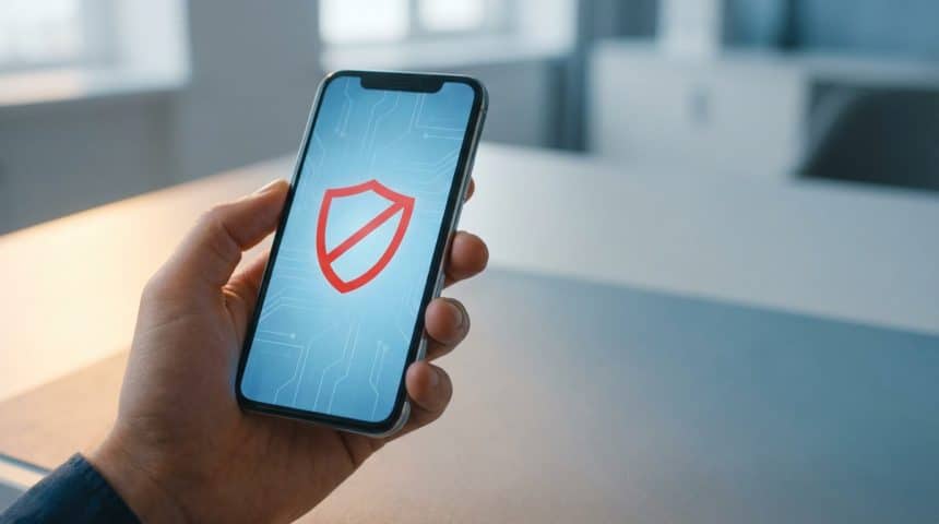 A hand holds a modern smartphone showing a red shield with a diagonal line, indicating a blocked call or enhanced digital security.