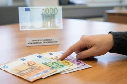A hand points to fanned 50, 100, 200, 500 Euro notes. A sign and a translucent 1000 Euro note contrast reality.