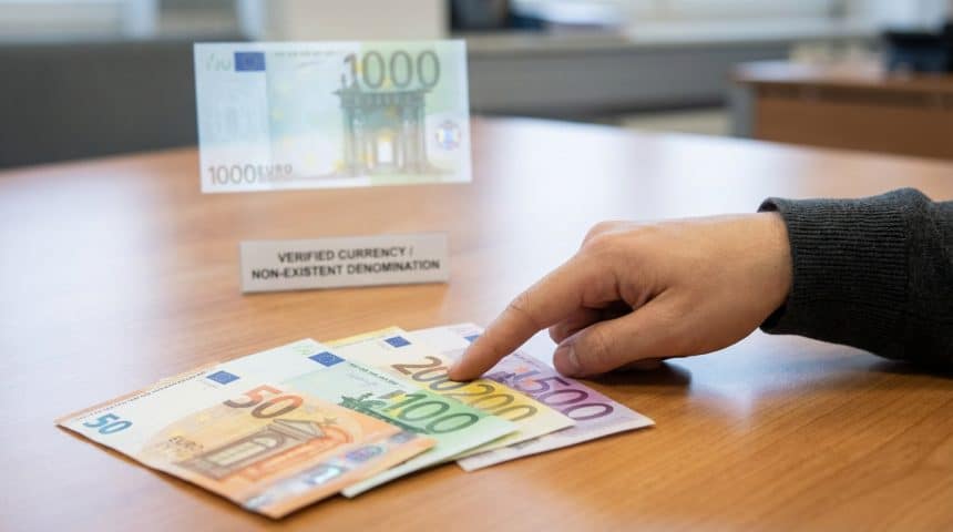 A hand points to fanned 50, 100, 200, 500 Euro notes. A sign and a translucent 1000 Euro note contrast reality.