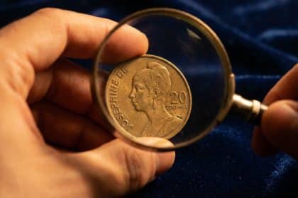 A hand holds a bronze Joséphine Baker 20 centimes coin under a magnifying glass, revealing intricate details against a dark blue background.