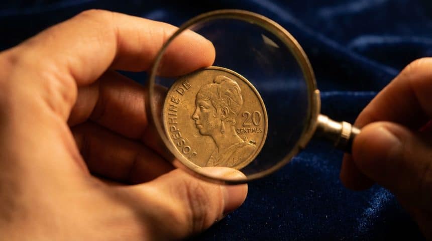 A hand holds a bronze Joséphine Baker 20 centimes coin under a magnifying glass, revealing intricate details against a dark blue background.