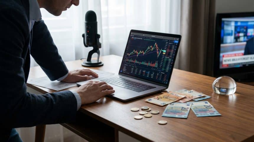 A person analyzes financial charts on a laptop, with Euro currency, documents, and a microphone on a wooden desk, hinting at media and finance.