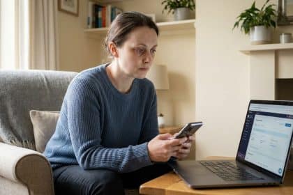 A woman in a blue sweater, appearing tired but focused, works on a laptop and smartphone from a comfortable armchair in a softly lit home.