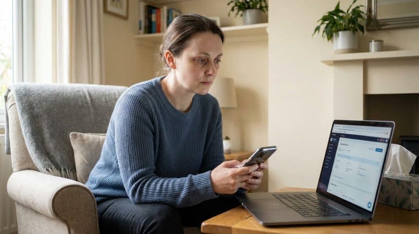 A woman in a blue sweater, appearing tired but focused, works on a laptop and smartphone from a comfortable armchair in a softly lit home.