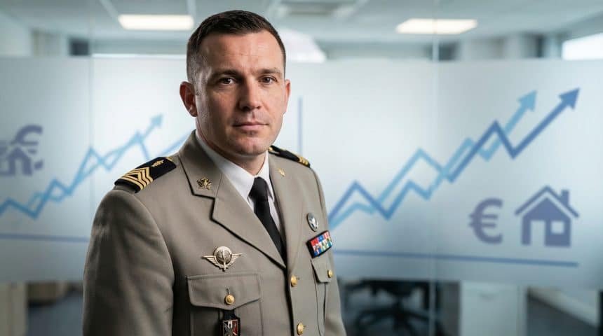 Chest-up shot of a confident French Army NCO in service uniform with rank insignia. Blurred background shows financial growth graphics.