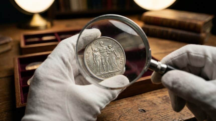 A gloved hand holds a 1977 50 francs Hercule silver coin, viewed through a magnifying glass on a warm wooden surface.