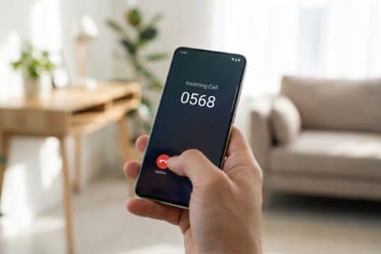 A hand holds a modern smartphone, tapping 'Decline' on an incoming call from '0568'. Blurred, contemporary indoor background.