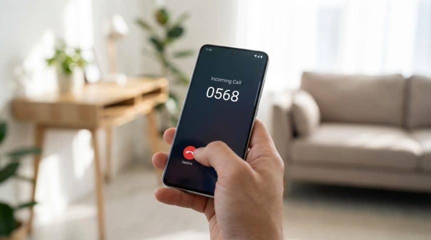 A hand holds a modern smartphone, tapping 'Decline' on an incoming call from '0568'. Blurred, contemporary indoor background.