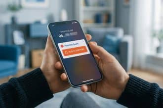 Hands hold a smartphone displaying an incoming call identified as 'Possible Spam' with a prominent 'BLOCK & REPORT' button.