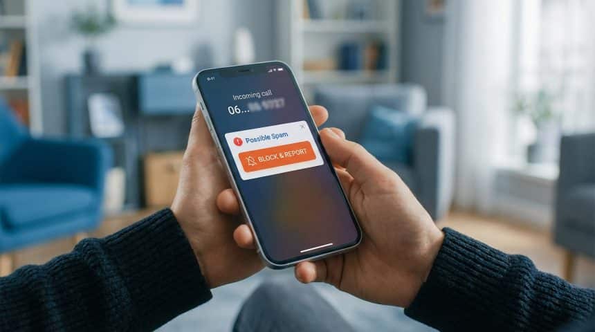 Hands hold a smartphone displaying an incoming call identified as 'Possible Spam' with a prominent 'BLOCK & REPORT' button.