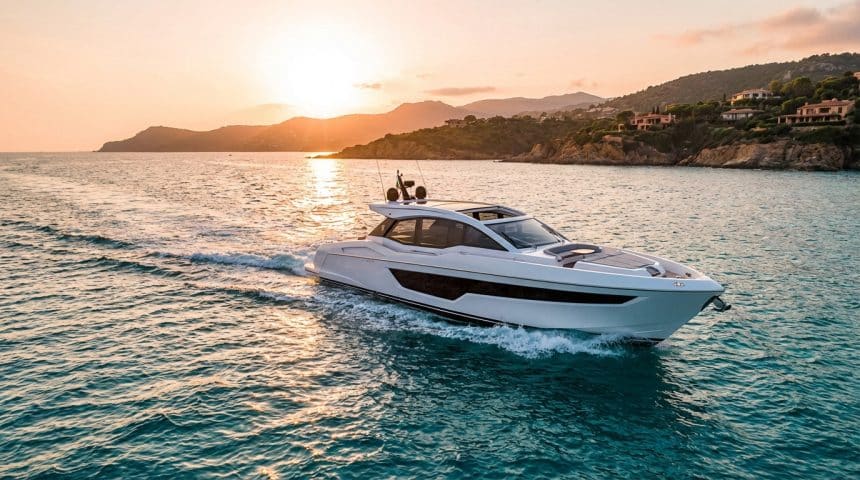 White luxury yacht with dark windows on vibrant turquoise water at golden hour, with a sun-drenched coastline and villas.