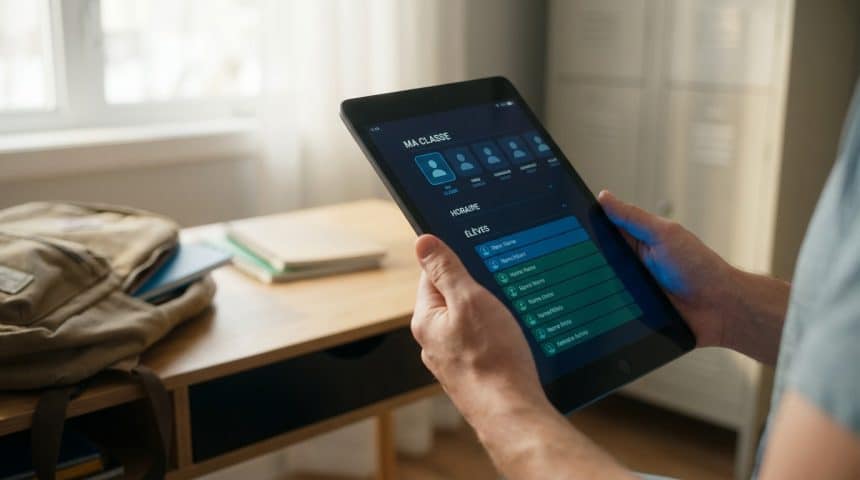 Mains tenant une tablette affichant 'Ma Classe' et liste d'élèves. Sac à dos et casiers flous en arrière-plan.