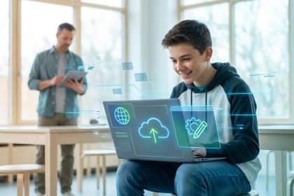 Teenager on laptop with cloud/globe icons, adult on tablet in background, depicting modern connected learning environment.