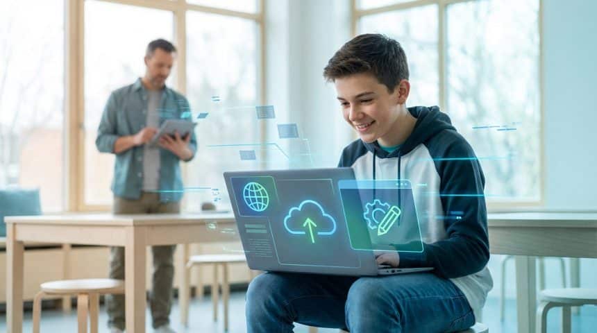 Teenager on laptop with cloud/globe icons, adult on tablet in background, depicting modern connected learning environment.