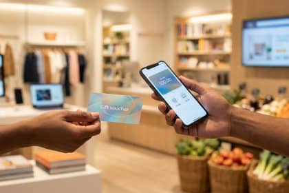 A hand holds a gift voucher while another holds a smartphone displaying a digital balance in a modern, blurred retail environment.