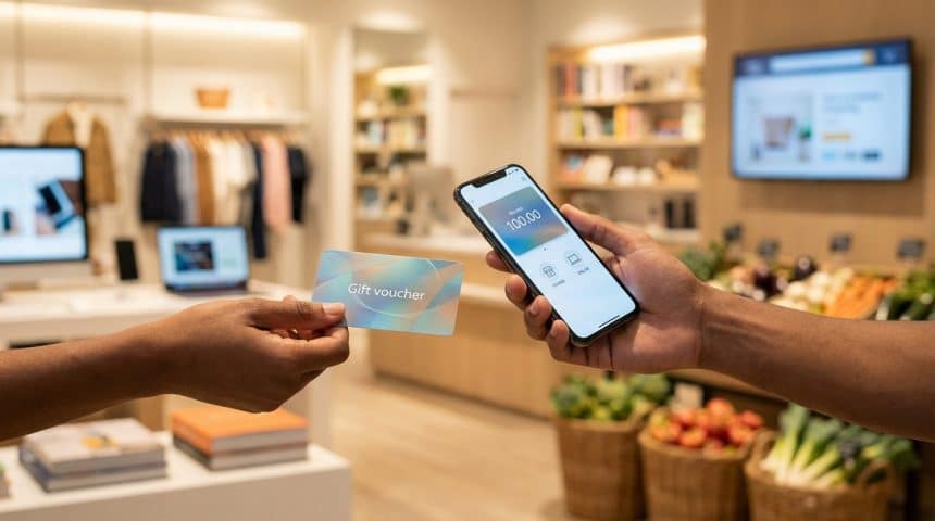 A hand holds a gift voucher while another holds a smartphone displaying a digital balance in a modern, blurred retail environment.