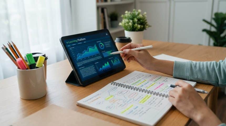 Hands on a modern desk, interacting with an e-learning tablet showing graphs and a notebook with colorful handwritten notes.